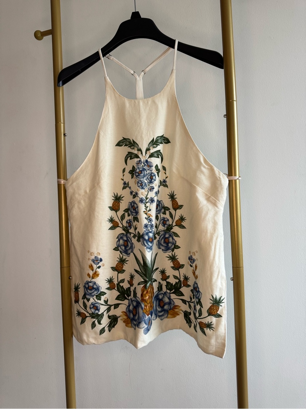 FARM Rio Cream Halter Tank with Blue Floral & Pineapple Print